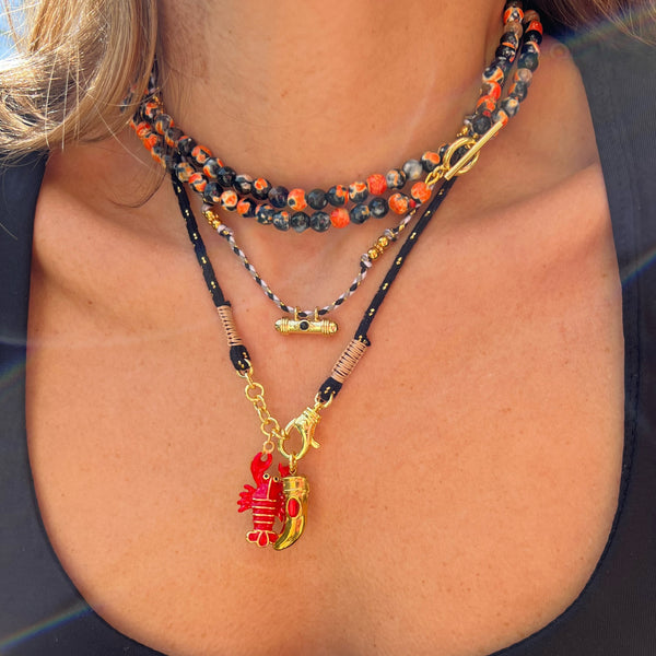 Spirit Charm Κολιέ Κορδόνι πλεξούδα με talisman στοιχείο με μαύρη πέτρα