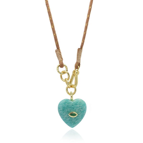Ocean Heart Κολιέ Κορδόνι με καρδιά αμαζονίτη