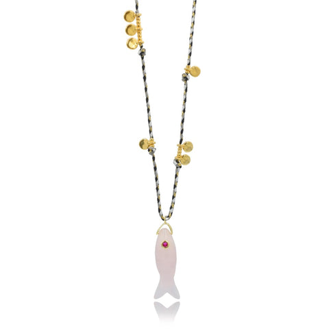 Under Water Treasure Κολιέ Κορδόνι με ψάρι ροζ χαλαζία