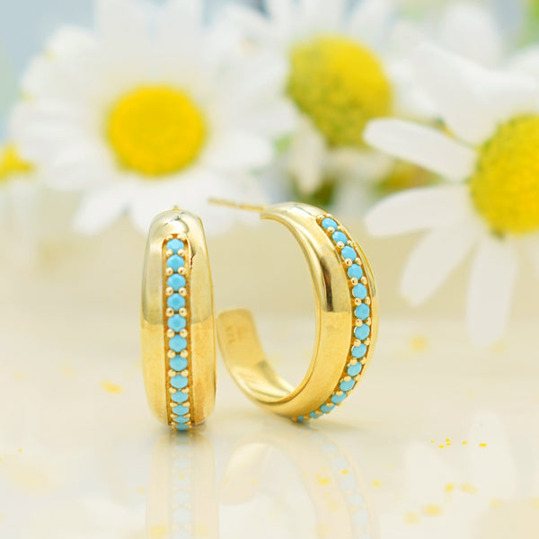 HOOPS WITH TURQUOISE STONES, SILVER, GOLD PLATED