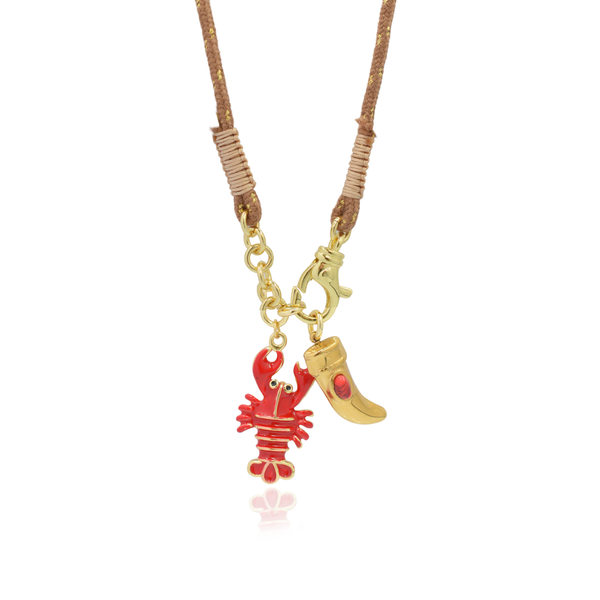 Lobster Crush Κολιέ Κορδόνι μπεζ-χρυσό με αστακό κόκκινο και luck charm