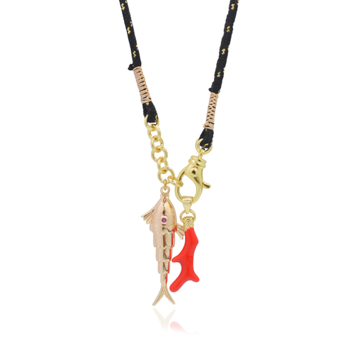 Sea Κissed Κολιέ Κορδόνι μαύρο-χρυσό με ψάρι και κοράλλι